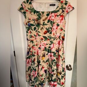 Pukavt vintage style cap sleeve floral dress with songbirds, beautiful material